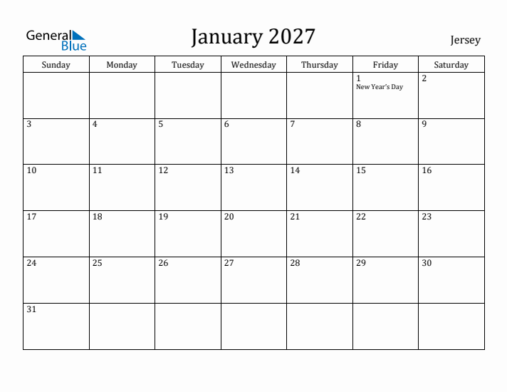 January 2027 Calendar Jersey