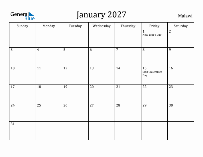 January 2027 Calendar Malawi