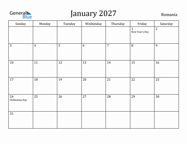 January 2027 Calendar Romania