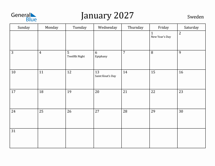 January 2027 Calendar Sweden