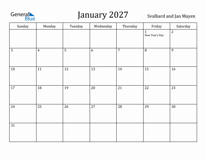 January 2027 Calendar Svalbard and Jan Mayen