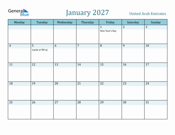 January 2027 Calendar with Holidays