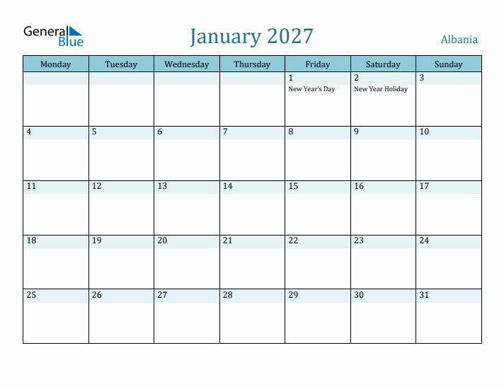 January 2027 Calendar with Holidays