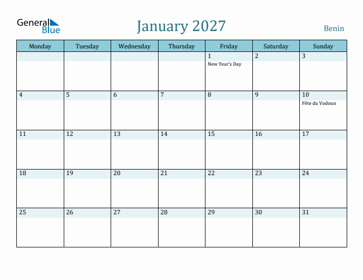 January 2027 Calendar with Holidays