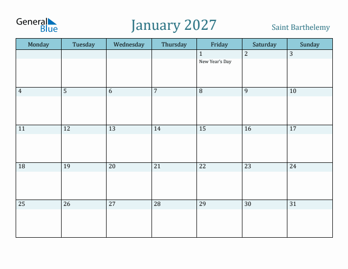 January 2027 Calendar with Holidays