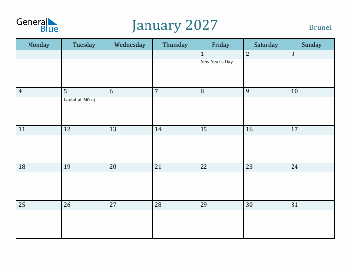 January 2027 Calendar with Holidays