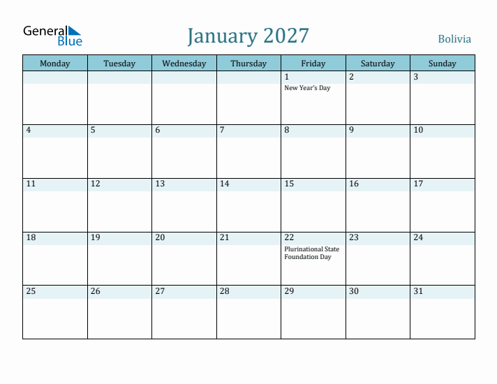 January 2027 Calendar with Holidays