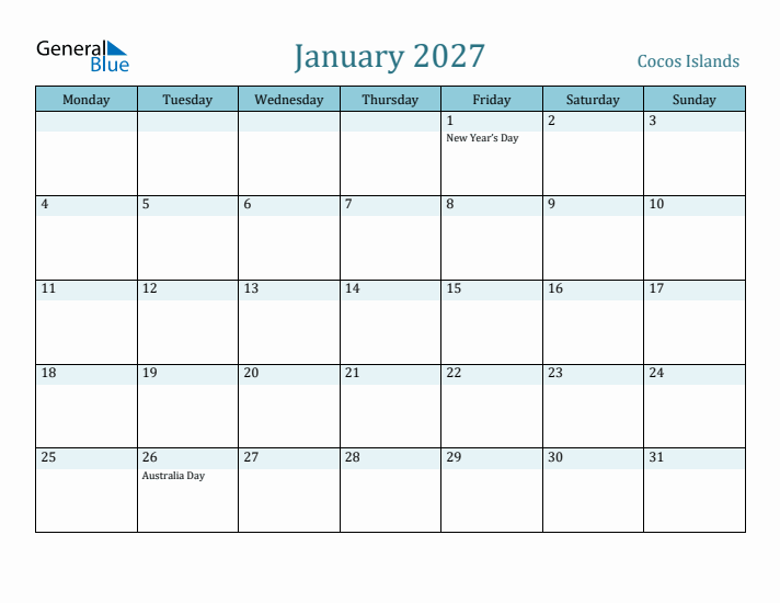 January 2027 Calendar with Holidays