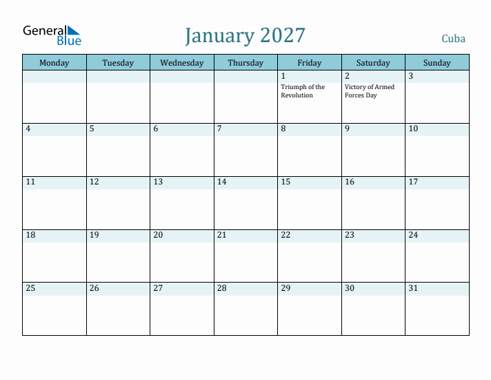 January 2027 Calendar with Holidays