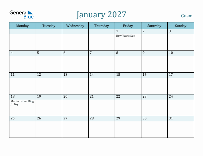 January 2027 Calendar with Holidays