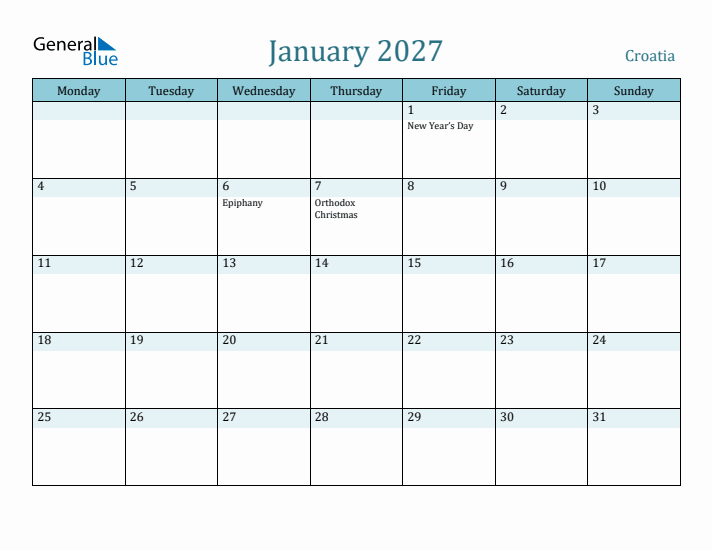 January 2027 Calendar with Holidays