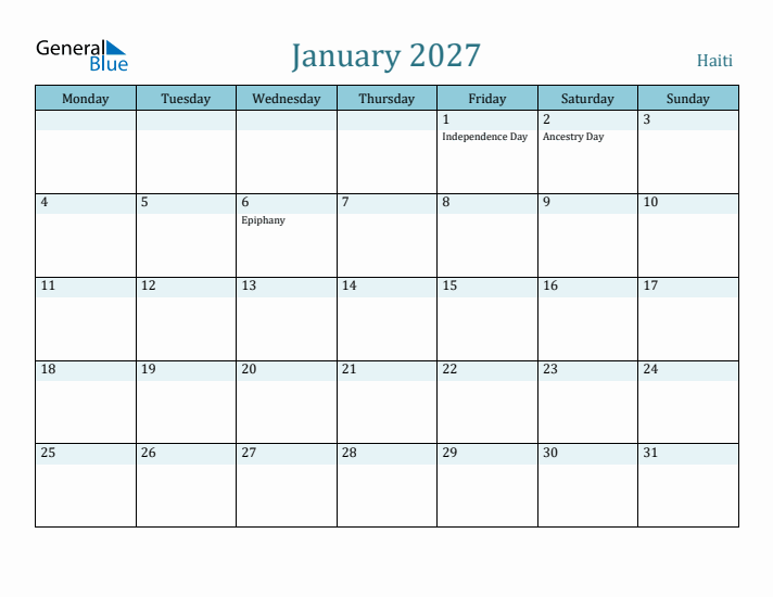 January 2027 Calendar with Holidays