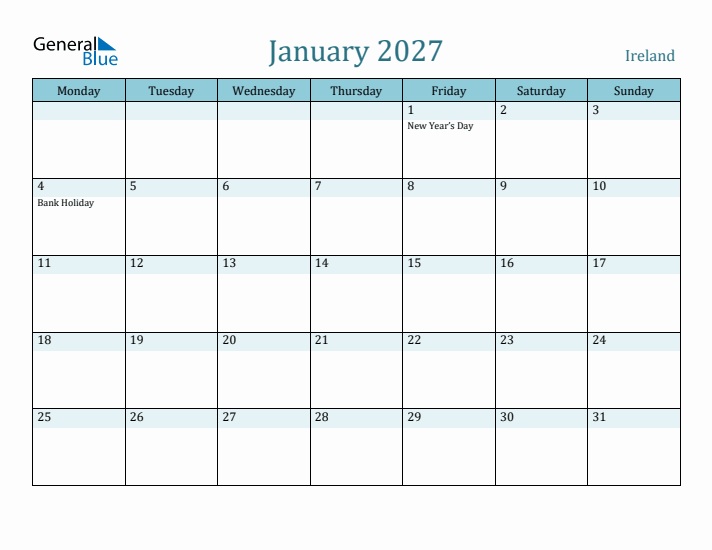 January 2027 Calendar with Holidays