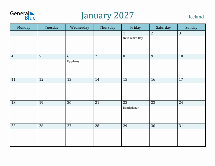 January 2027 Calendar with Holidays