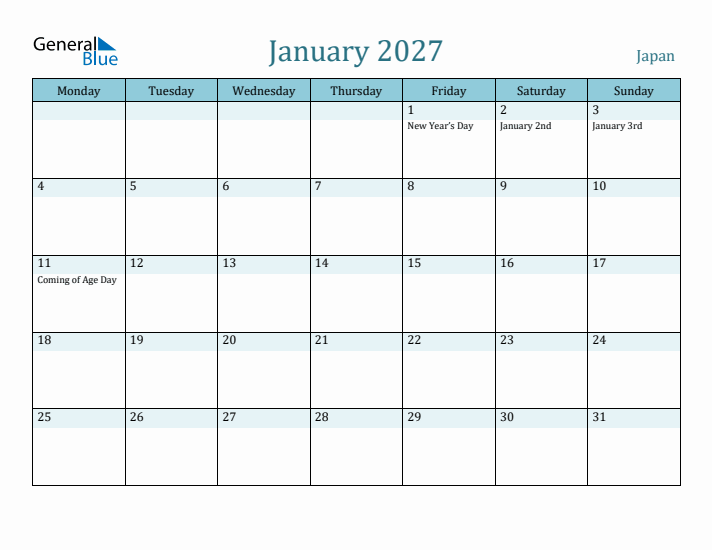 January 2027 Calendar with Holidays