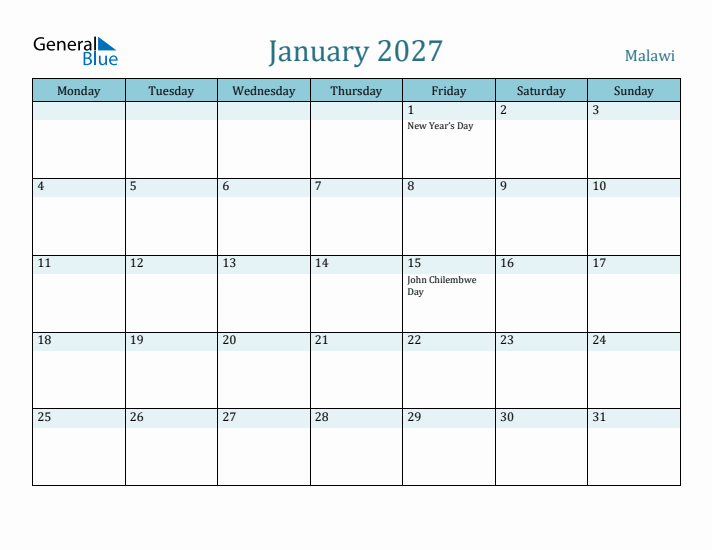 January 2027 Calendar with Holidays