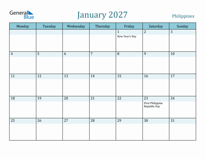 January 2027 Calendar with Holidays