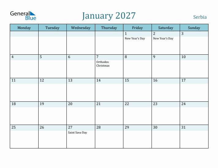 January 2027 Calendar with Holidays