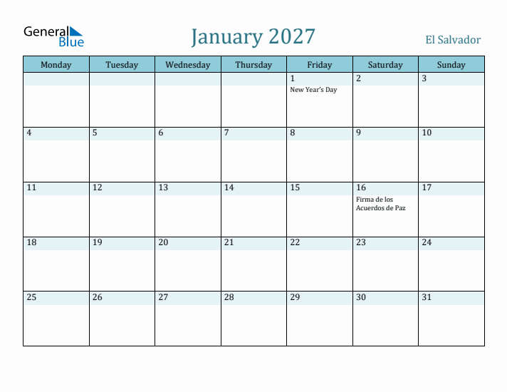 January 2027 Calendar with Holidays