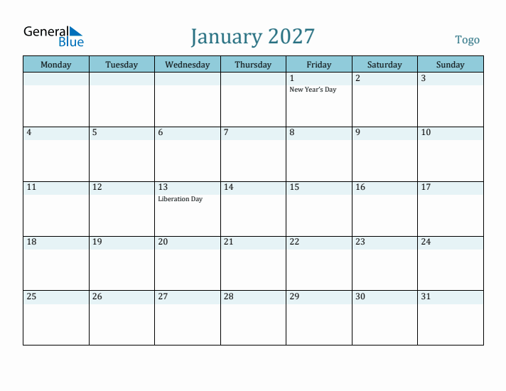 January 2027 Calendar with Holidays