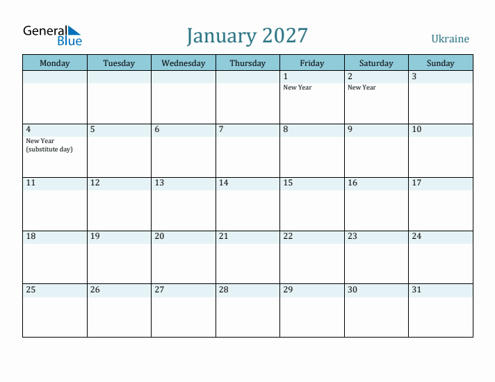 January 2027 Calendar with Holidays