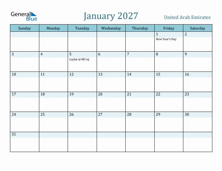 January 2027 Calendar with Holidays