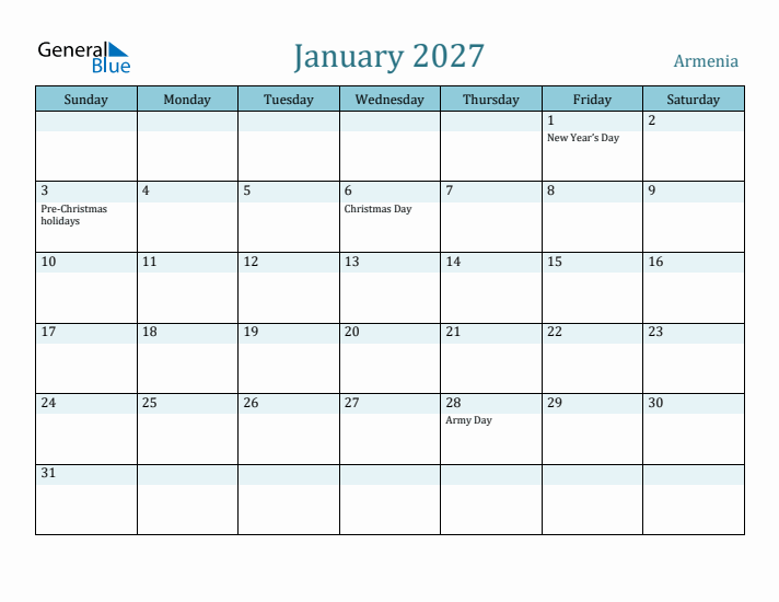 January 2027 Calendar with Holidays