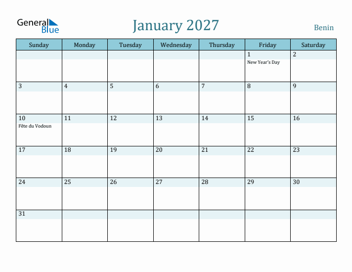 January 2027 Calendar with Holidays