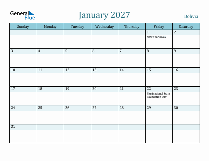 January 2027 Calendar with Holidays