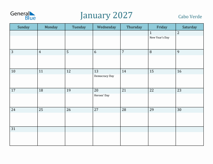 January 2027 Calendar with Holidays