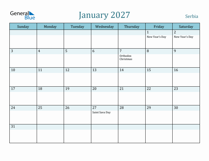 January 2027 Calendar with Holidays