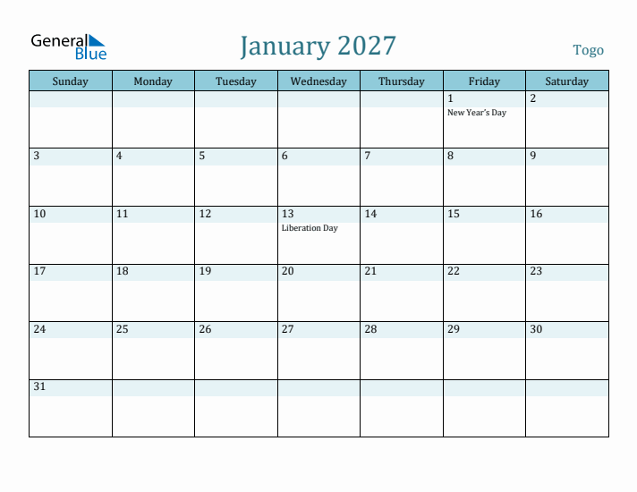 January 2027 Calendar with Holidays