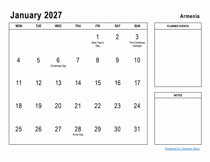 January 2027 Printable Monthly Calendar with Armenia Holidays