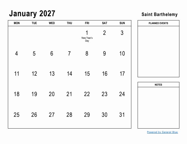 January 2027 Printable Monthly Calendar with Saint Barthelemy Holidays