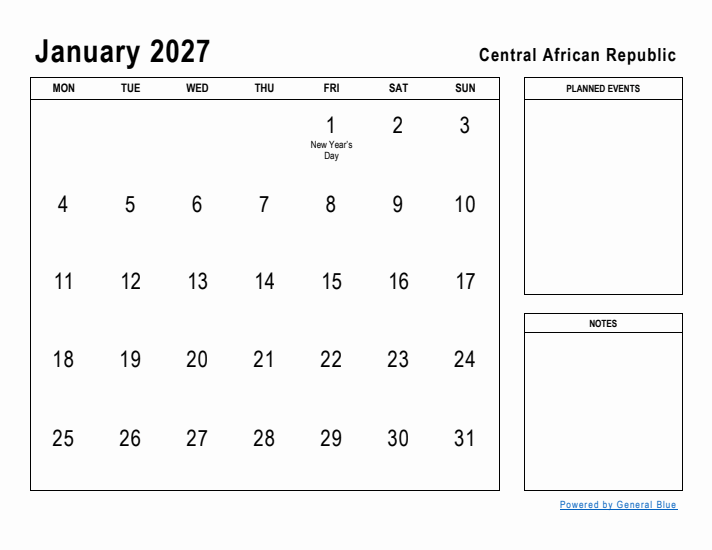 January 2027 Printable Monthly Calendar with Central African Republic Holidays