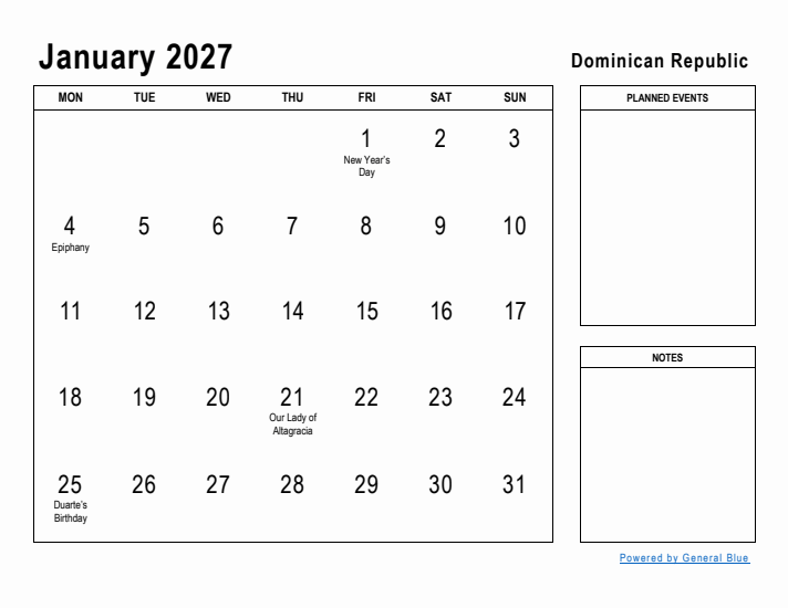 January 2027 Printable Monthly Calendar with Dominican Republic Holidays