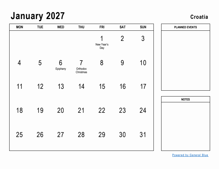 January 2027 Printable Monthly Calendar with Croatia Holidays