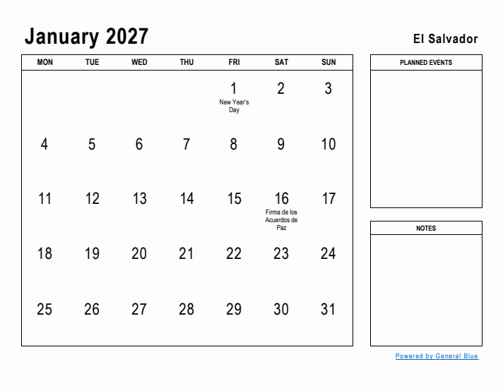 January 2027 Printable Monthly Calendar with El Salvador Holidays