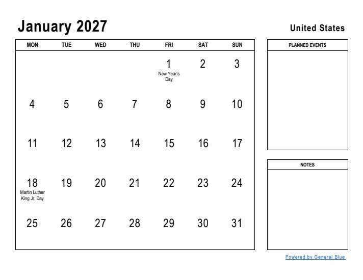 January 2027 Printable Monthly Calendar with United States Holidays