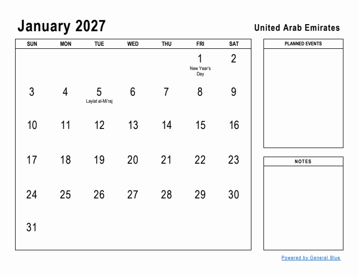 January 2027 Printable Monthly Calendar with United Arab Emirates Holidays