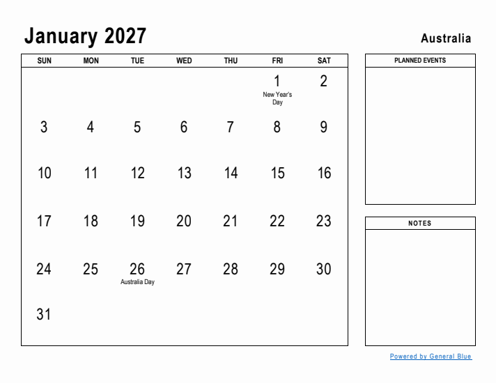 January 2027 Printable Monthly Calendar with Australia Holidays