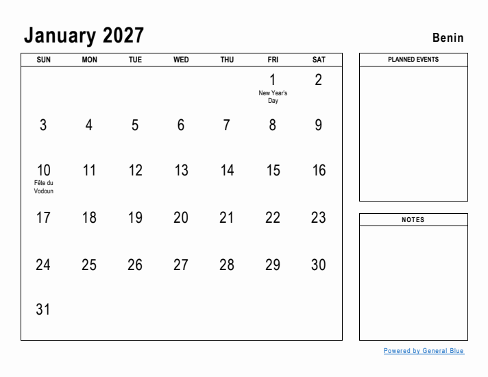 January 2027 Printable Monthly Calendar with Benin Holidays