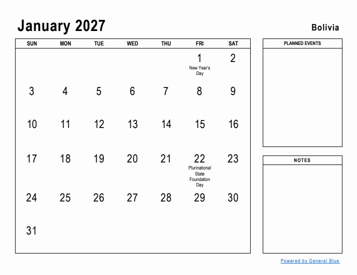 January 2027 Printable Monthly Calendar with Bolivia Holidays