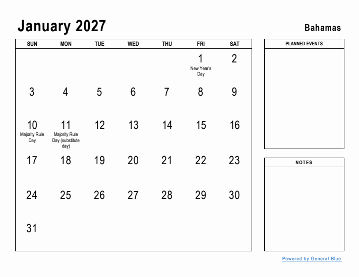 January 2027 Printable Monthly Calendar with Bahamas Holidays