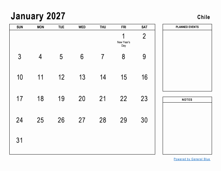 January 2027 Printable Monthly Calendar with Chile Holidays