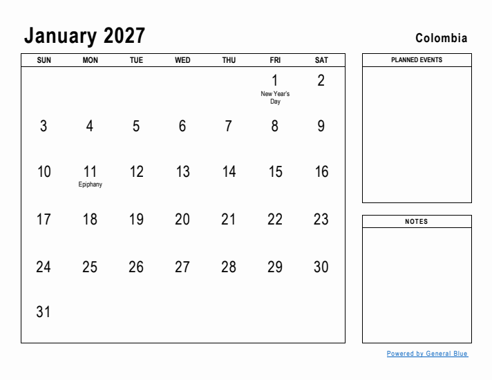 January 2027 Printable Monthly Calendar with Colombia Holidays