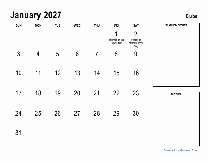 January 2027 Printable Monthly Calendar with Cuba Holidays