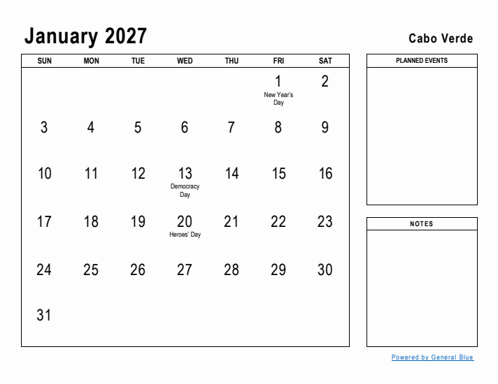 January 2027 Printable Monthly Calendar with Cabo Verde Holidays