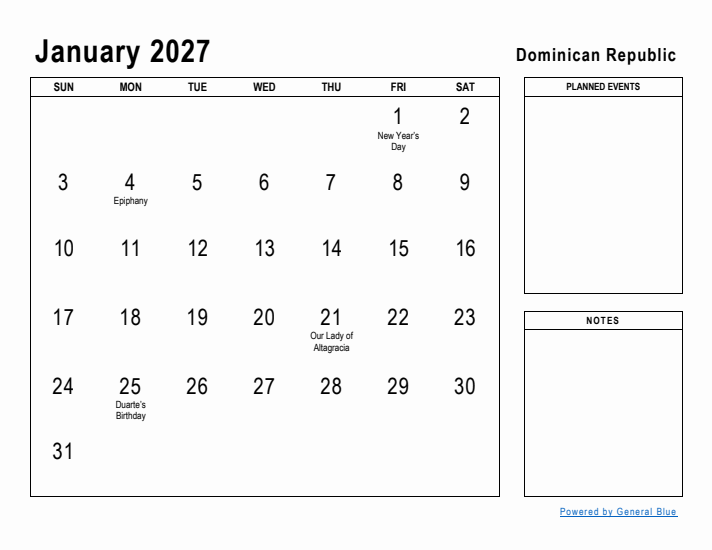 January 2027 Printable Monthly Calendar with Dominican Republic Holidays