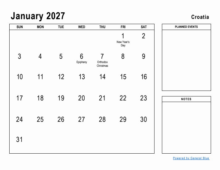 January 2027 Printable Monthly Calendar with Croatia Holidays